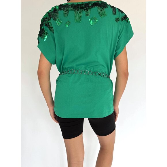 80s vintage green sequin embellished funky cotton short sleeved tee shirt large - Picture 6 of 10